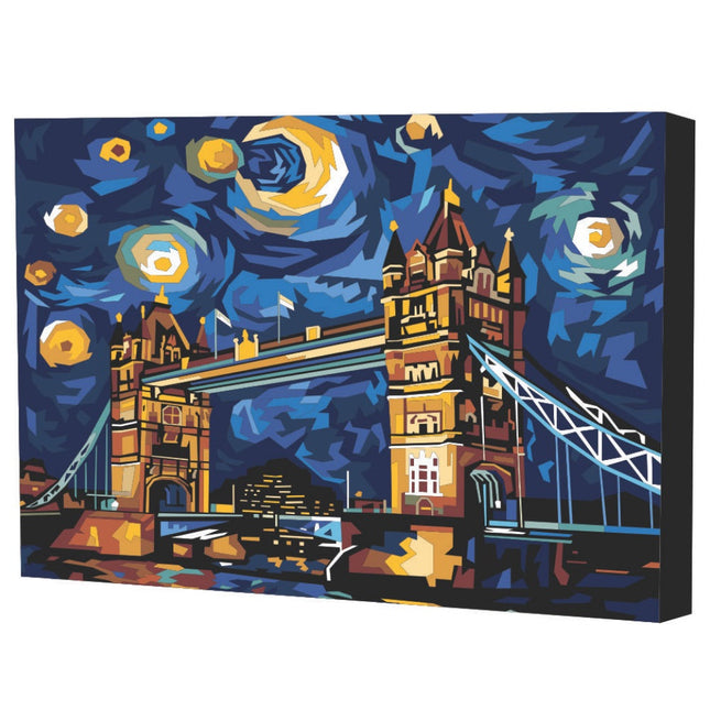 Kit de pintura por números Art Box con lienzo del Puente de Londres 40×50 cm montado en bastidor, pinceles, pinturas y caja convertible en soporte.