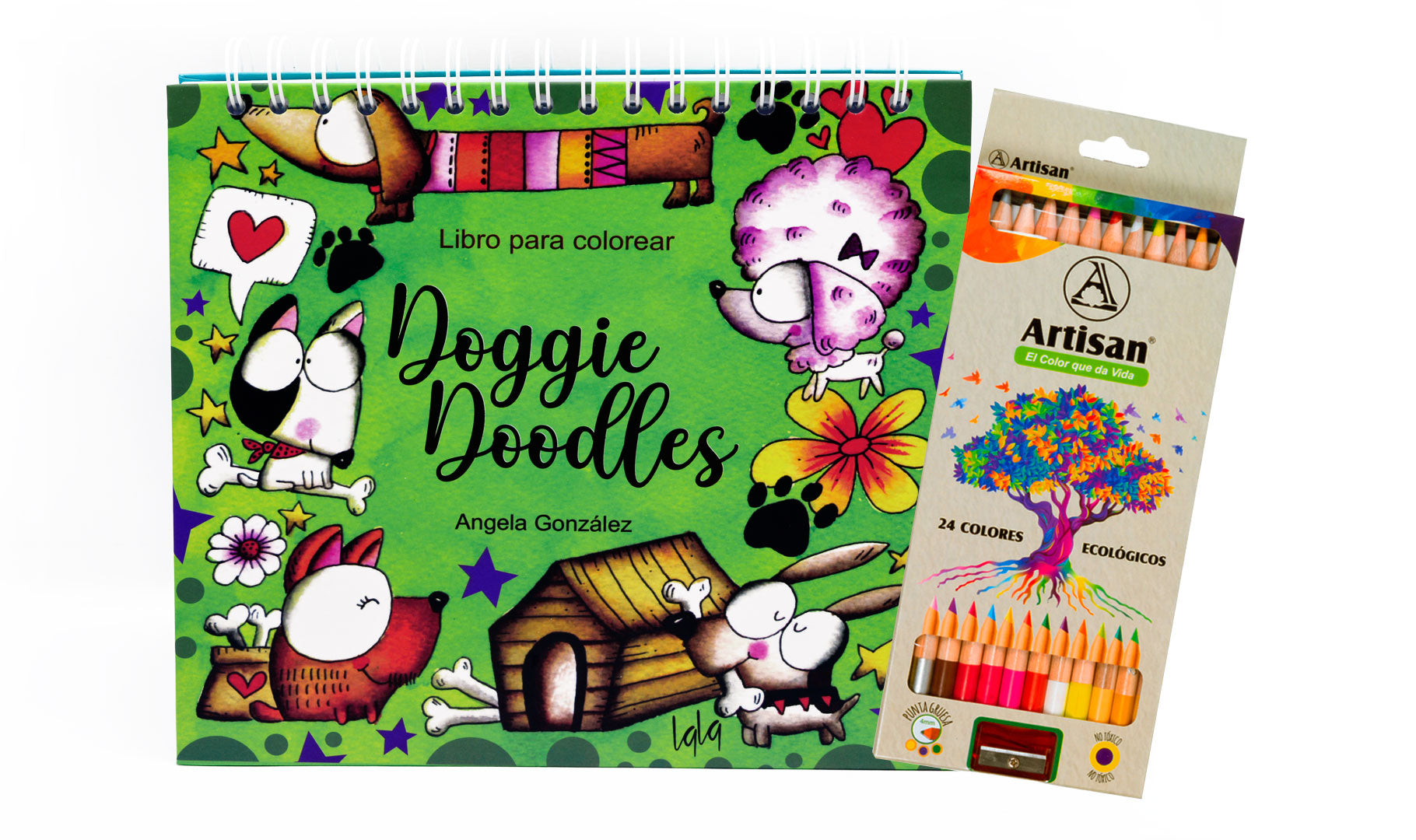 Kit creativo con libro para colorear mandalas de perritos, 24 colores ecológicos Artisan y sacapuntas.