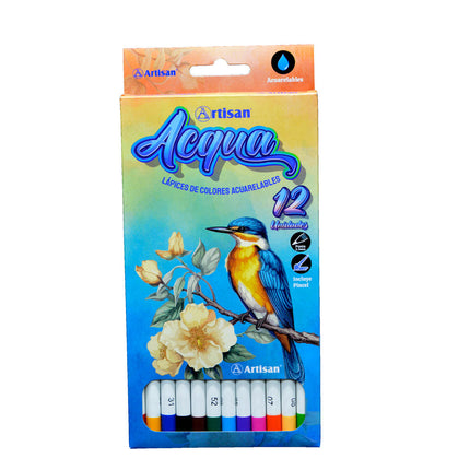 Caja portátil con 12 lápices acuarelables Artisan en tonos surtidos, punta visible y empaque compacto para ilustración y dibujo acuarelado.