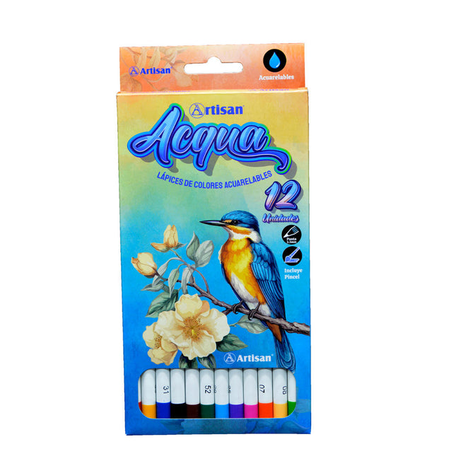 Caja portátil con 12 lápices acuarelables Artisan en tonos surtidos, punta visible y empaque compacto para ilustración y dibujo acuarelado.