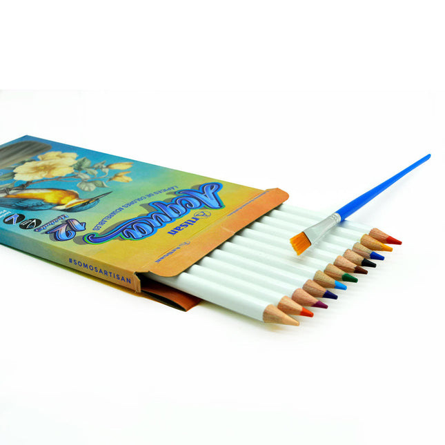 Caja portátil con 12 lápices acuarelables Artisan en tonos surtidos, punta visible y empaque compacto para ilustración y dibujo acuarelado.