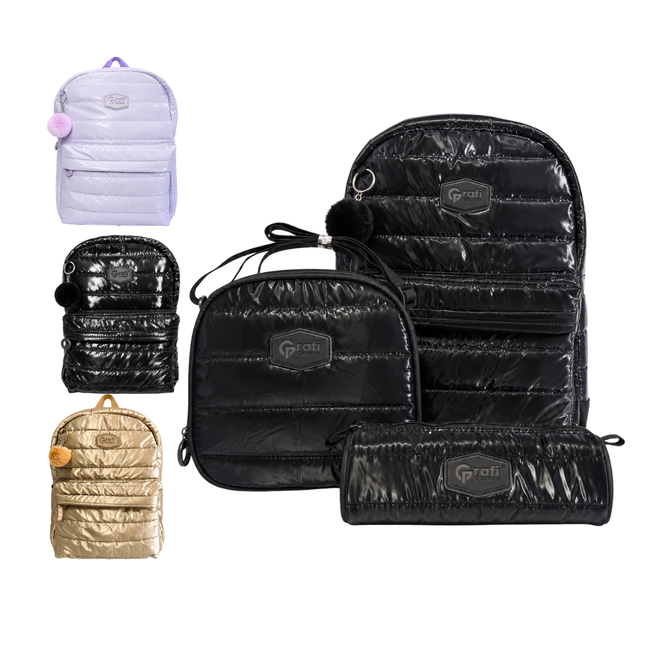 Set De Bolso Lonchera Cartuchera Negro Morado Beige