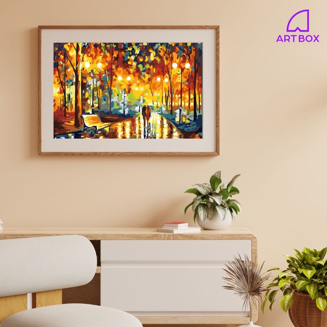 Kit de pintura por números Art Box “Reflejos” con lienzo 40×50 cm, escena nocturna con árboles y luces, pinturas acrílicas, pinceles y caja‑caballete.