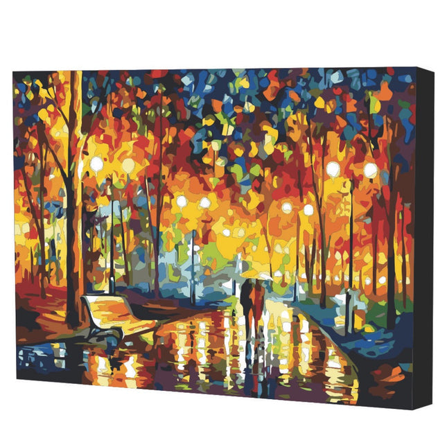 Kit de pintura por números Art Box “Reflejos” con lienzo 40×50 cm, escena nocturna con árboles y luces, pinturas acrílicas, pinceles y caja‑caballete.