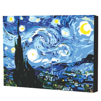 Kit de pintura por números Art Box con lienzo de La Noche Estrellada 40×50 cm, montado en bastidor, pinturas acrílicas, pinceles y caja‑soporte.