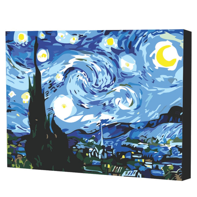 Kit de pintura por números Art Box con lienzo de La Noche Estrellada 40×50 cm, montado en bastidor, pinturas acrílicas, pinceles y caja‑soporte.