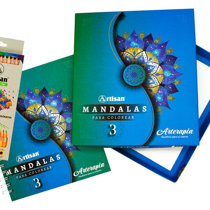 Kit Mandala 3 Artisan: libro con más de 50 mandalas sin color y caja de 24 lápices ecológicos, incluye frases motivadoras para relajarse coloreando.