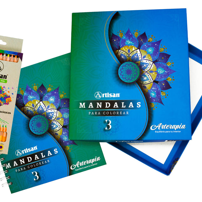 Kit Mandala 3 Artisan: libro con más de 50 mandalas sin color y caja de 24 lápices ecológicos, incluye frases motivadoras para relajarse coloreando.