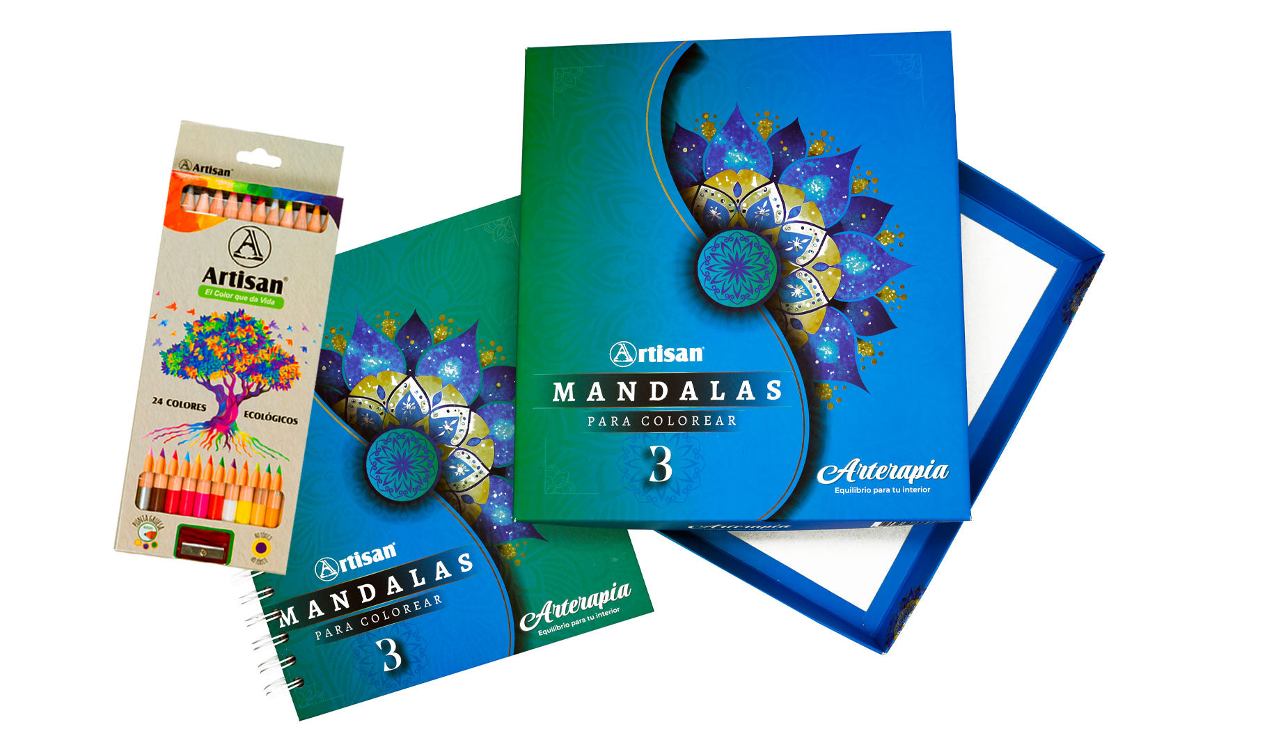 Kit Mandala 3 Artisan: libro con más de 50 mandalas sin color y caja de 24 lápices ecológicos, incluye frases motivadoras para relajarse coloreando.