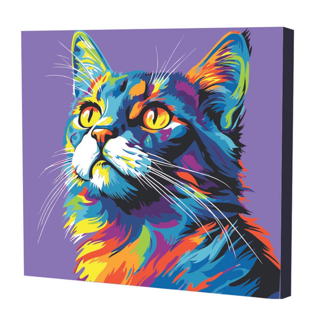 Kit de pintura por números Art Box con lienzo de gato estilo Monet 30×30 cm montado en bastidor, pinturas acrílicas, pinceles y caja‑caballete.