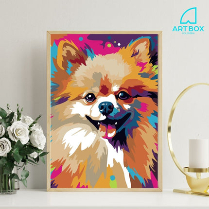 Kit de pintura por números Art Box con lienzo de perro pomerania 40×50 cm montado en bastidor, pinturas, pinceles y caja‑soporte para pintar cómodamente.