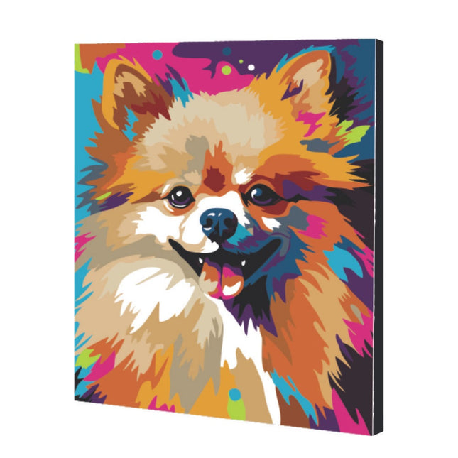 Kit de pintura por números Art Box con lienzo de perro pomerania 40×50 cm montado en bastidor, pinturas, pinceles y caja‑soporte para pintar cómodamente.