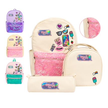 Set De Bolso Lonchera Rosado Beige Y Morado