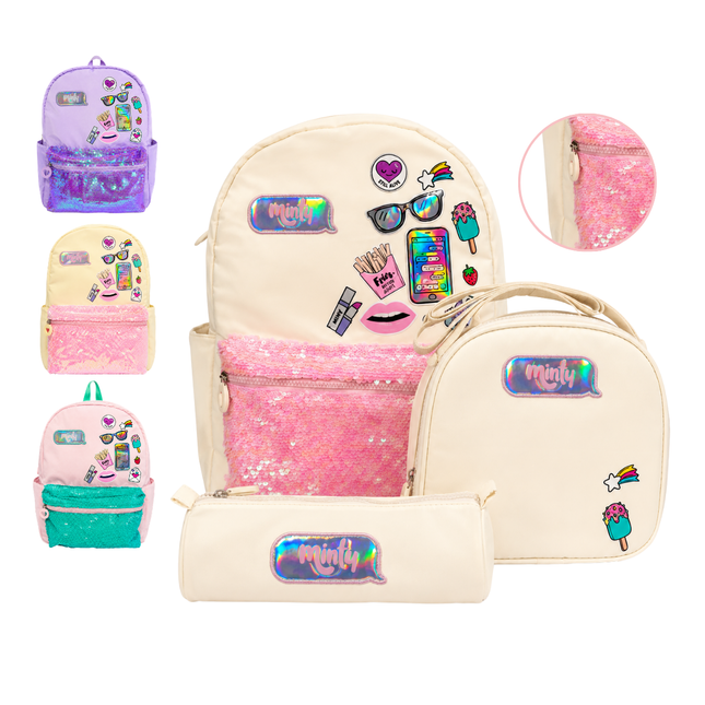 Set De Bolso Lonchera Rosado Beige Y Morado