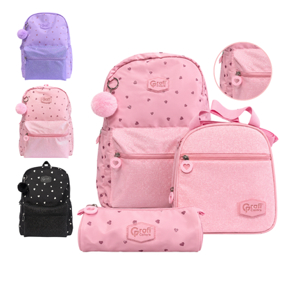 Set De Bolso + Lonchera Negro, Rosado Y Morado Escarchado