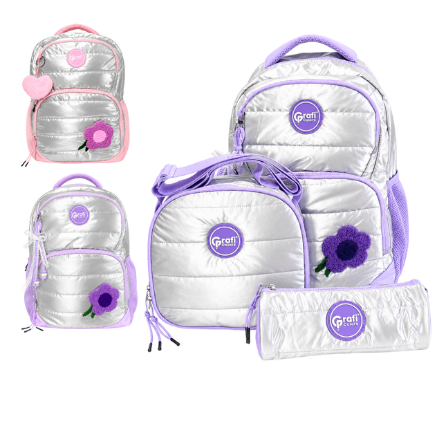 Bolso+ Lonchera Plateado Con Rosa Y Plateado Con Morado