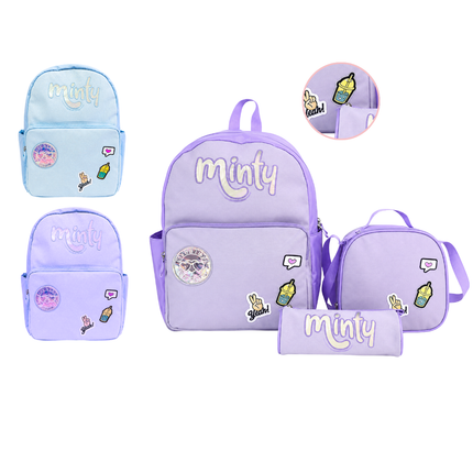 Bolso Lonchera Y Cartuchera Pastel Morado Azul Rosado