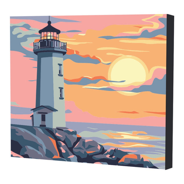 Kit de pintura por números Art Box con lienzo de faro al atardecer 30×30 cm, montado en bastidor, pinturas acrílicas, pinceles y caja‑caballete.
