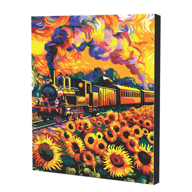 Kit de pintura por números Art Box con lienzo Tren de Girasoles 40×50 cm montado en bastidor, pinturas acrílicas, pinceles y caja‑soporte para pintar.