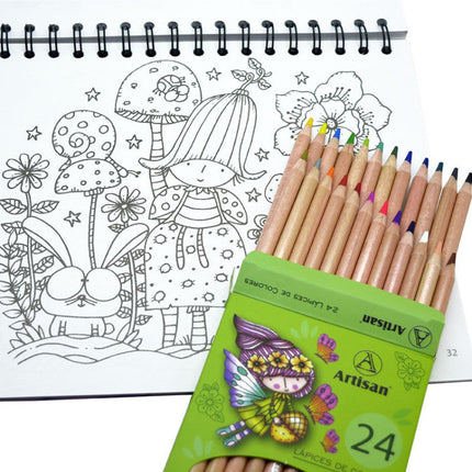 Kit “Los Colores Mágicos de las Hadas”: libro con ilustraciones de hadas para colorear, caja de 24 colores ecológicos Artisan y separadores de página en empaque cuidado.