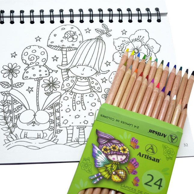 Kit “Los Colores Mágicos de las Hadas”: libro con ilustraciones de hadas para colorear, caja de 24 colores ecológicos Artisan y separadores de página en empaque cuidado.