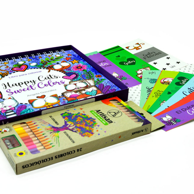 Kit para colorear con libro “Happy Cats” de Lala González, mandalas de gatitos y 24 lápices ecológicos Artisan en caja. Ideal para regalo o actividad creativa.