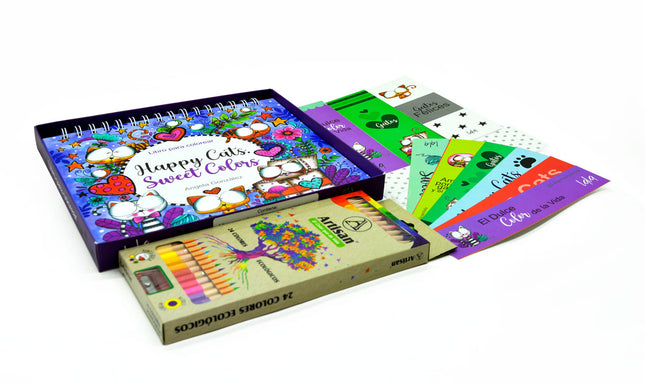 Kit para colorear con libro “Happy Cats” de Lala González, mandalas de gatitos y 24 lápices ecológicos Artisan en caja. Ideal para regalo o actividad creativa.
