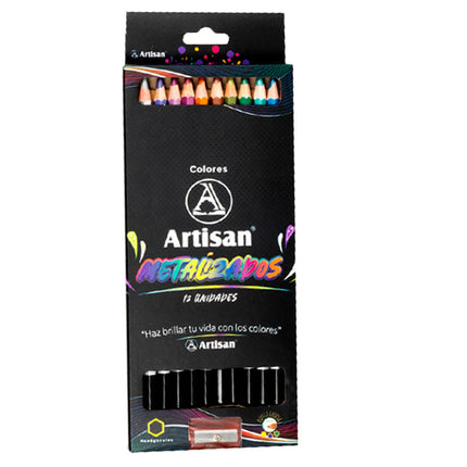 Estuche compacto con 12 lápices Artisan de colores metalizados brillantes, punta gruesa y caja protectora para colorear con efecto metálico.