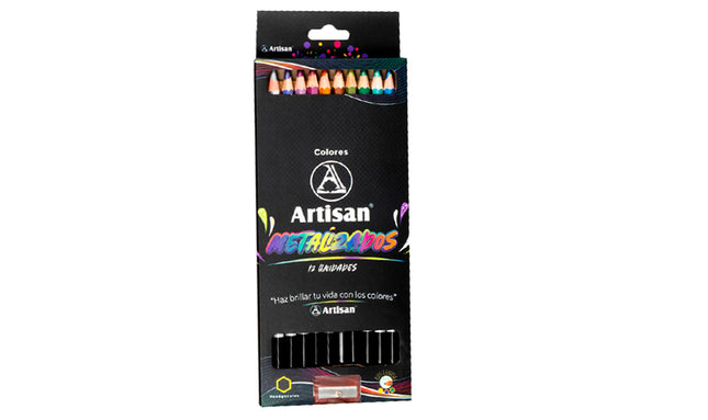 Estuche compacto con 12 lápices Artisan de colores metalizados brillantes, punta gruesa y caja protectora para colorear con efecto metálico.