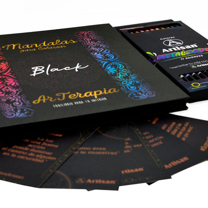 Kit creativo con libro de mandalas en tinta negra y estuche de 12 lápices metalizados Artisan: dorado, plata, cobre y más tonos brillantes.