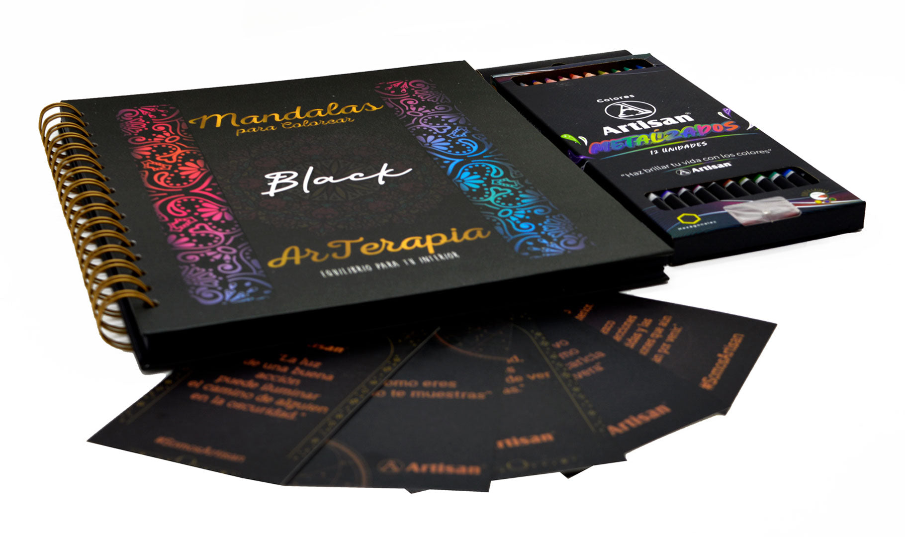 Kit creativo con libro de mandalas en tinta negra y estuche de 12 lápices metalizados Artisan: dorado, plata, cobre y más tonos brillantes.