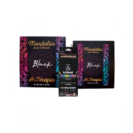Kit creativo con libro de mandalas en tinta negra y estuche de 12 lápices metalizados Artisan: dorado, plata, cobre y más tonos brillantes.