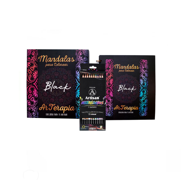 Kit creativo con libro de mandalas en tinta negra y estuche de 12 lápices metalizados Artisan: dorado, plata, cobre y más tonos brillantes.