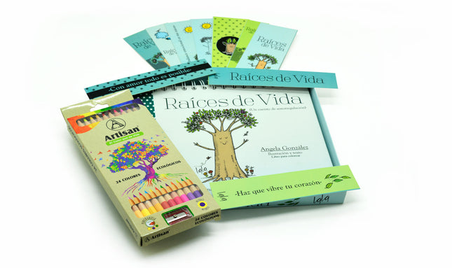Kit “Raíces de Vida” de Lala González: libro argollado con ilustraciones metafóricas y set de 24 colores ecológicos Artisan. Diseño pensado para regalar o meditar.