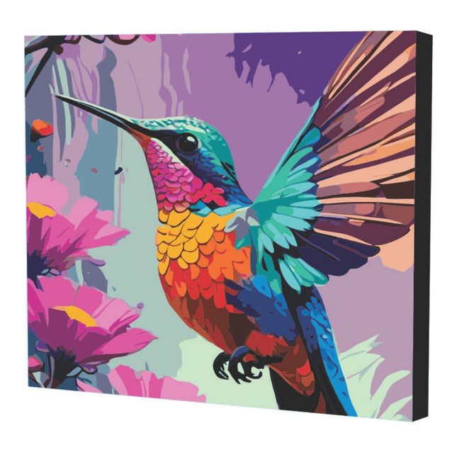 Kit de pintura por números Art Box con lienzo de colibrí multicolor 30×30 cm montado en bastidor, pinturas acrílicas, pinceles y caja‑caballete.