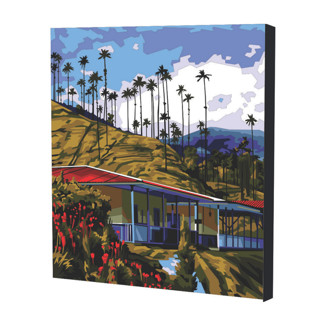 Kit pintura por números Art Box con lienzo del Valle de Cocora 40×50 cm montado en bastidor, pinturas acrílicas, pinceles y caja-soporte para pintar.