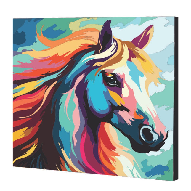 Kit de pintura por números Art Box con lienzo de caballo multicolor 30×30 cm, montado en bastidor, pinturas acrílicas, pinceles y caja‑caballete.