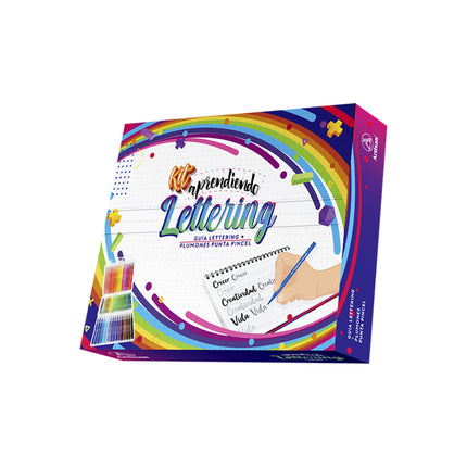 Kit lettering Artisan: guía argollada con plantillas y práctica, más caja transparente con 48 plumones de punta pincel en colores surtidos.