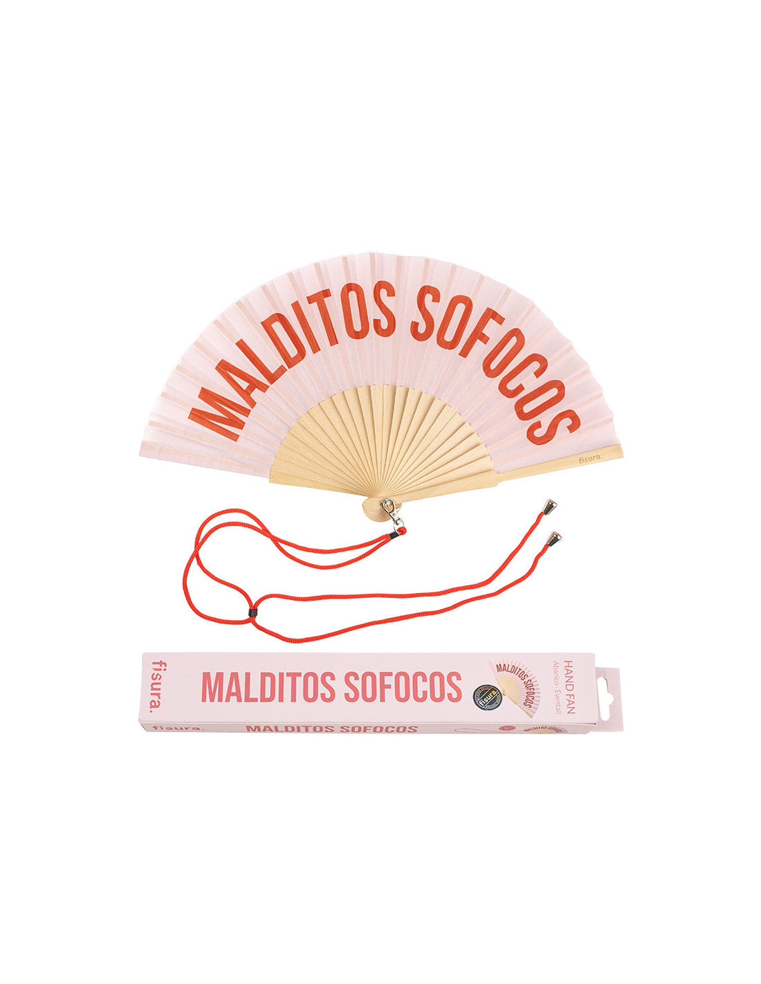 abanico plegable con mensaje Malditos sofocos en tono rosa y cordón rojo