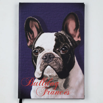 Agenda Los Cartujos Perro Bulldog Francés blanco y negro con tapa dura ilustrada y hojas internas eco Earth Pack rayadas, punteadas y en blanco.