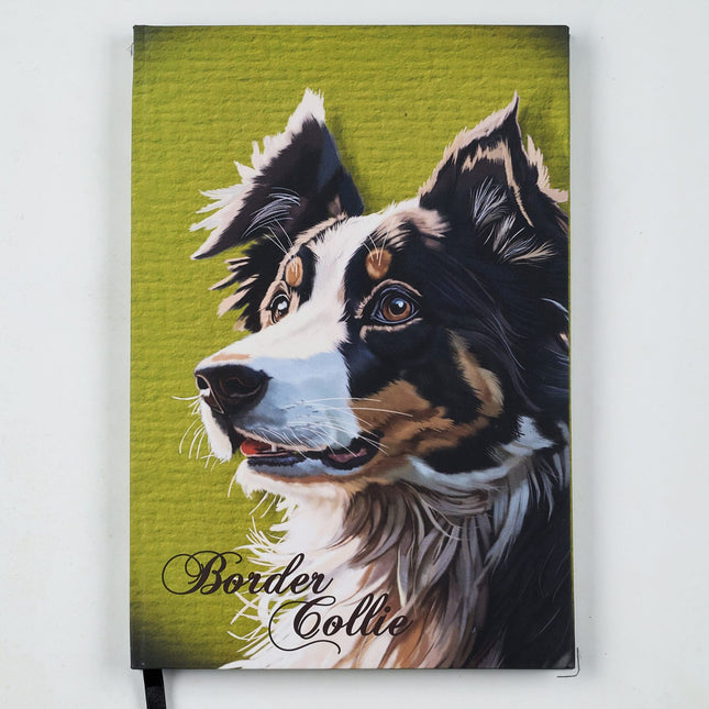 Agenda Los Cartujos Perro Border Collie con tapa dura ilustrada y hojas internas eco Earth Pack rayadas, punteadas y en blanco.