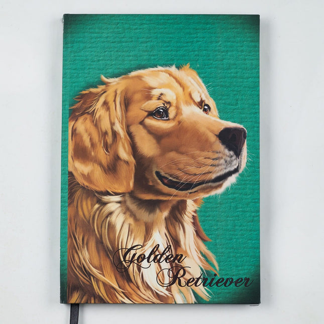 Agenda Los Cartujos Perro Golden Retriever con tapa dura ilustrada y hojas internas eco Earth Pack rayadas, punteadas y en blanco.