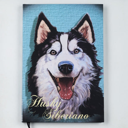 Agenda Los Cartujos Perro Husky Siberiano con tapa dura ilustrada y hojas internas eco Earth Pack rayadas, punteadas y en blanco.