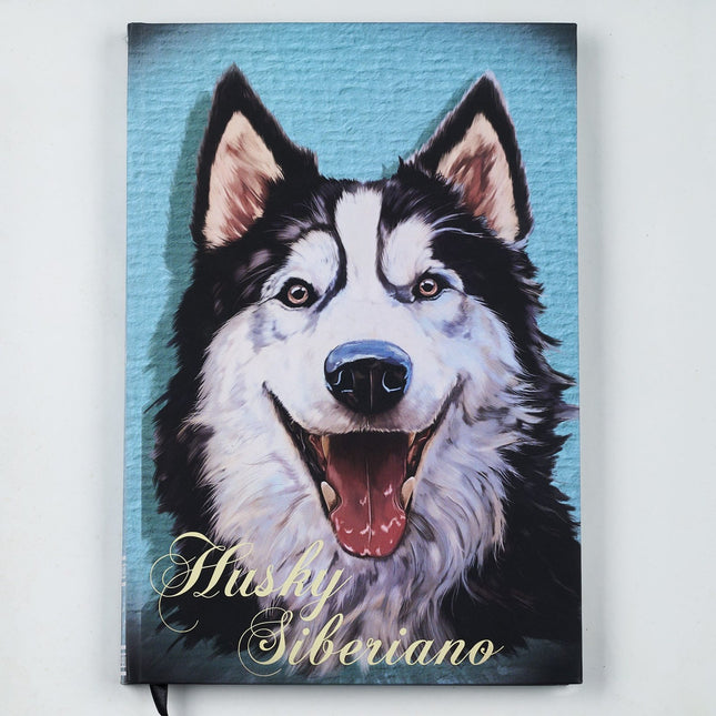 Agenda Los Cartujos Perro Husky Siberiano con tapa dura ilustrada y hojas internas eco Earth Pack rayadas, punteadas y en blanco.