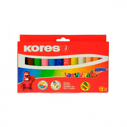 Caja con 12 barras de plastilina Jumbo Kores en colores surtidos, barras gruesas para facilitar el modelado.