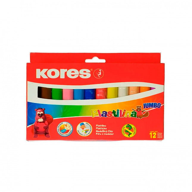 Caja con 12 barras de plastilina Jumbo Kores en colores surtidos, barras gruesas para facilitar el modelado.