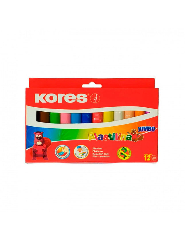 Caja con 12 barras de plastilina Jumbo Kores en colores surtidos, barras gruesas para facilitar el modelado.