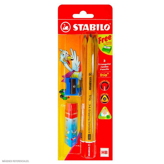 Pack de tres lápices Stabilo Trio Jumbo triangular con mina gruesa HB/2B, más sacapuntas y borrador en blister, diseño apto para niños.
