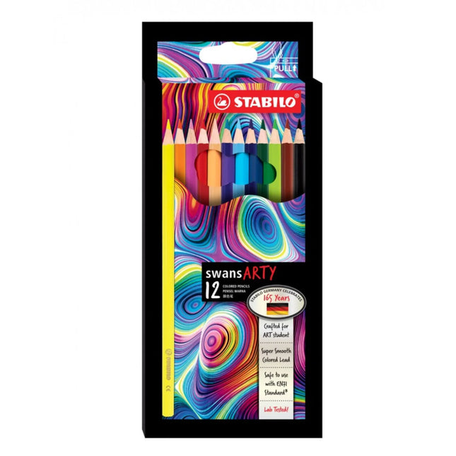 Set de 12 lápices de colores Stabilo Swans Arty con cuerpo hexagonal y mina gruesa pigmentada lista para dibujo y colorido creativo.