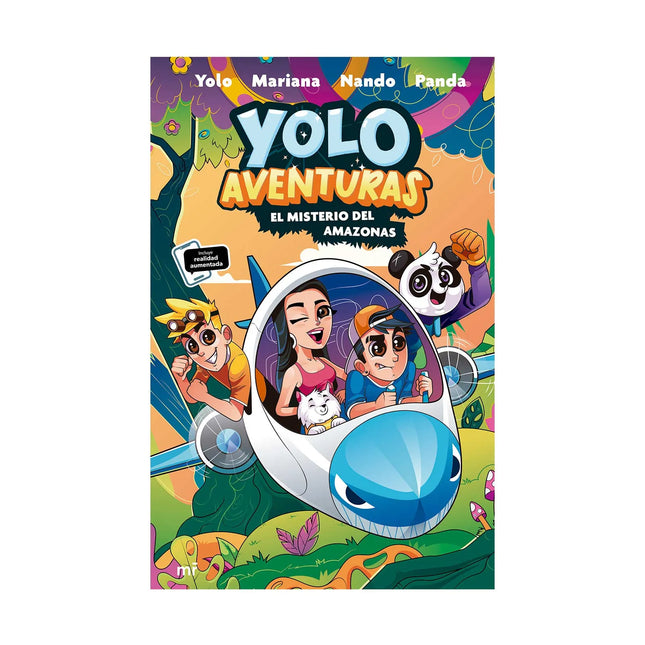 Portada colorida del libro infantil Yolo Aventuras 2, con Yolo, Mariana, Nando y Panda en una nave con forma de tiburón sobre la selva amazónica.
